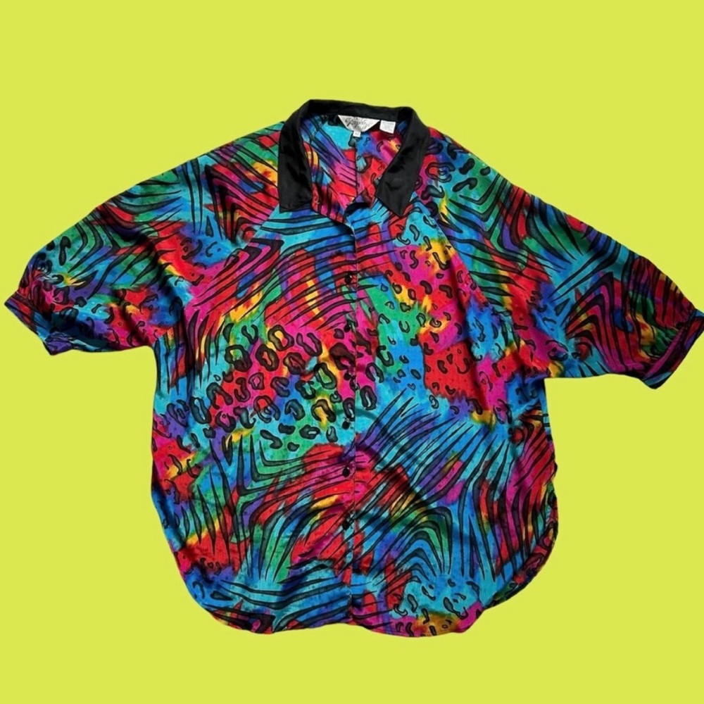 Colorful Animal Print Button-Down Shirt - Black Collar